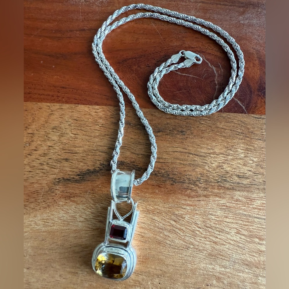 925 Sterling Silver Garnet & Citrine Faceted Pendant Necklace 24” Heavy 45.8g